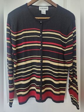 Alfred Dunner Black Striped Cardigan with Red and Gold Stripes
